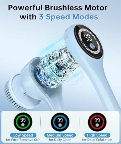Electric Body Brush Back Scrubber for Shower, Waterproof Rechargeable Auto Bath Brush with Long Handle, 5 Replaceable Heads & 3 Speeds, Deep Cleansing Exfoliating Massage Spin Scrubber for Men & Women - color: Blue.