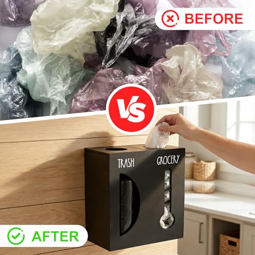 2 in 1 Trash Bag Dispenser, Double Wall Mounted,Wood Trash Bag Holder, used in kitchen, garage, laundry room, can store Environmentally friendly food bags and garbage bags(Black/Large) - color: Black/Large