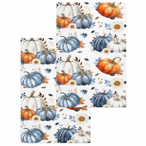 Fall Thanksgiving Pumpkin Hand Towels Set,Waffle Weave Kitchen Towels 2 Pieces,Watercolor Blue Orange Eucalyptus Microfiber Hair Bath Tea Towel Absorbent Quick Drying Cleaning Dish Cloths,15.7"x23.6" - color: Blue, size: 2PCS,15.7"x23.6"