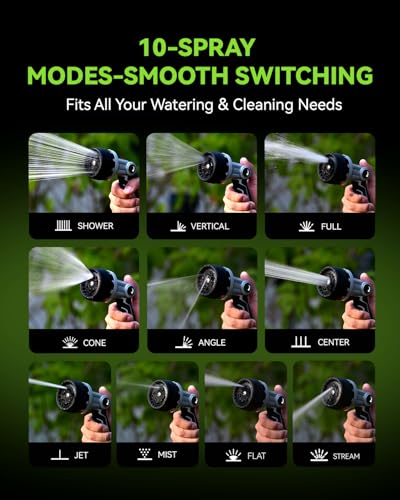 RAINPOINT Full-Metal Garden Hose Nozzle, Heavy Duty Water Hose Nozzle Sprayer With 10 Adjustable Patterns & High Flow,Thumb Control For Flow Adjustment, Ideal For Watering, Washing, Black-2 Pack - color: Black