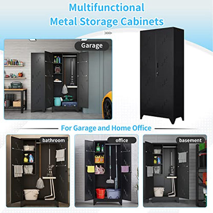 VASAAOSD 75" Metal Storage Cabinet with Lock, Tool Cabinets with Hooks, Heavy-Duty Garage Storage Cabinet for Utility Room, Gym, Basement, Broom Closet, Black - color: 75"h Dark Black