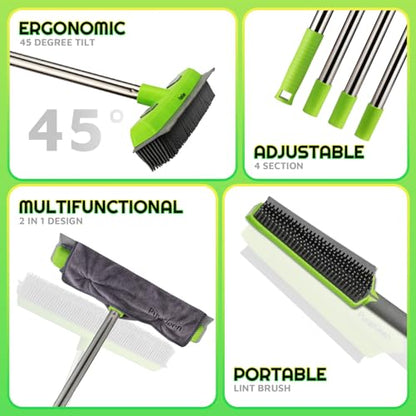 Rubber Broom for Pet Hair —Gets What Your Vacuum Misses,Non-Scratch Carpet Rake 24 "-61 "Adjustable Handle,4-in-1 (Squeegee+Pet Brush+2 Microfiber Cloth),Stairs,Corners, Rugs,Hardwood Green