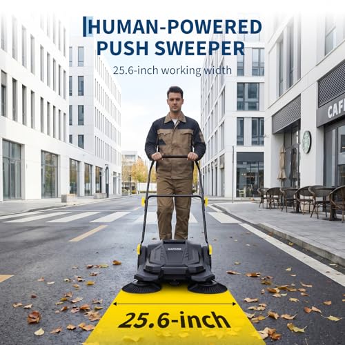 Walk Behind Hand Push Sweeper, 25.6" Manual Push Floor Sweeper, 5-Gallon Waste Container, Angle & Height Adjustable Folding Handle for Walkway, Yard, Garage, Patio