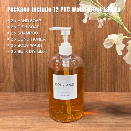Soap Dispenser with Waterproof Labels, Thickened Plastic Hand Soap Dispenser for Bathroom, Kitchen Dish Washing Liquid Bottles, Shampoo and Conditioner Bottles (16.9 oz, Set of 2, Clear) - color: Clear