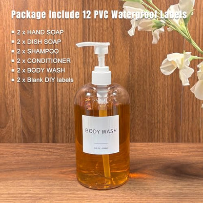 Soap Dispenser with Waterproof Labels, Thickened Plastic Hand Soap Dispenser for Bathroom, Kitchen Dish Washing Liquid Bottles, Shampoo and Conditioner Bottles (16.9 oz, Set of 2, Clear) - color: Clear