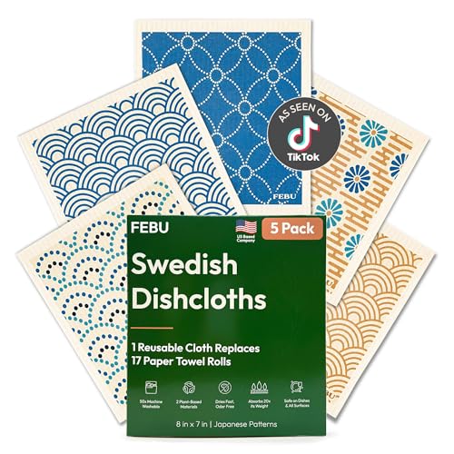FEBU Swedish Dishcloths for Kitchen | 5 Pack Japanese Reusable Paper Towels Washable | Swedish Dish Towels | Non-Scratch Cellulose Sponge Cloths | No Odor, Biodegradable Cleaning Cloths - color: Japanese