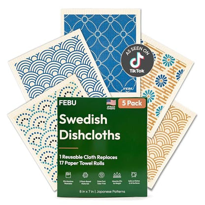 FEBU Swedish Dishcloths for Kitchen | 5 Pack Japanese Reusable Paper Towels Washable | Swedish Dish Towels | Non-Scratch Cellulose Sponge Cloths | No Odor, Biodegradable Cleaning Cloths - color: Japanese
