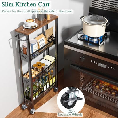 XYZLVSI Slim Storage Cart 4 Tier Narrow Kitchen Rolling Cart on Wheels for Small Space, Mobile Utility Cart Shelving Unit with Wooden Top and Metal Handle for Kitchen, Bathroom, Laundry Room - size: 16.7"Dx5.0"Wx34"H