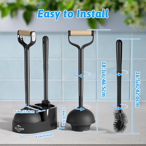 Sellemer Toilet Brush and Plunger Set, Curved Design Head for Deep Cleaning, Heavy Duty Toilet Bowl Brush and Plunger Combo with Holder for Bathroom Cleaning, Black, 2 Pack - color: Black