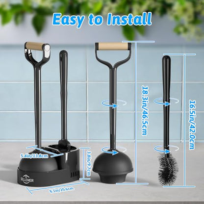 Sellemer Toilet Brush and Plunger Set, Curved Design Head for Deep Cleaning, Heavy Duty Toilet Bowl Brush and Plunger Combo with Holder for Bathroom Cleaning, Black, 2 Pack - color: Black