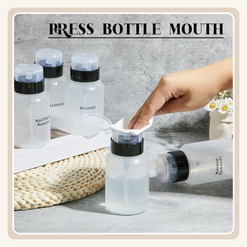 Layhit 3 Pack 6.8 oz (200ml) Push Down Lockable Pump Dispenser Bottle with Stickers, Alcohol Push Down Empty Refillable Container for Nail Polish Remover, Alcohol & Makeup Remover (Black Top Cap) - color: Black Top Cap