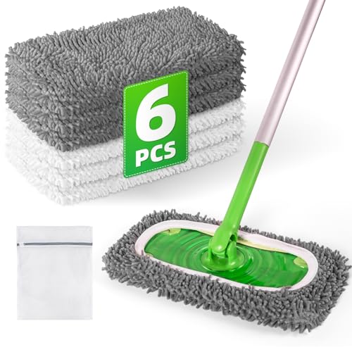 6 Pack Reusable Mop Pads Compatible with Swiffer Sweeper Mop, Wet and Dry Chenille Sweeping Cloths, Washable Pads Refill, Microfiber Pads for Multi-Surface/Hardwood Floor Cleaning (Gray, White) - color: Gray, White