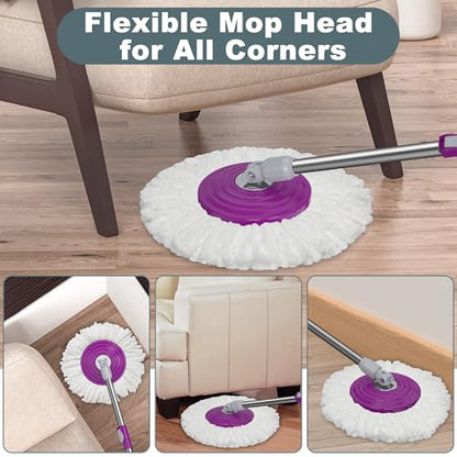 Dual Compartment Spin Mop and Bucket, Mop and Bucket with Wringer Set,360°Rotating Spinning Mopping for Floor Cleaning with 6 Microfiber Replacement Heads, 61" Extended Handle, 2X Wheel - size: Purple Mop Bucket + 6 Mop Heads