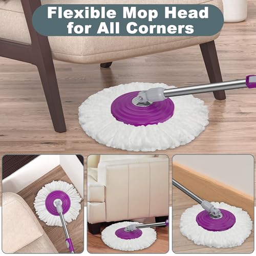 Dual Compartment Spin Mop and Bucket, Mop and Bucket with Wringer Set,360°Rotating Spinning Mopping for Floor Cleaning with 6 Microfiber Replacement Heads, 61" Extended Handle, 2X Wheel - size: Purple Mop Bucket + 6 Mop Heads