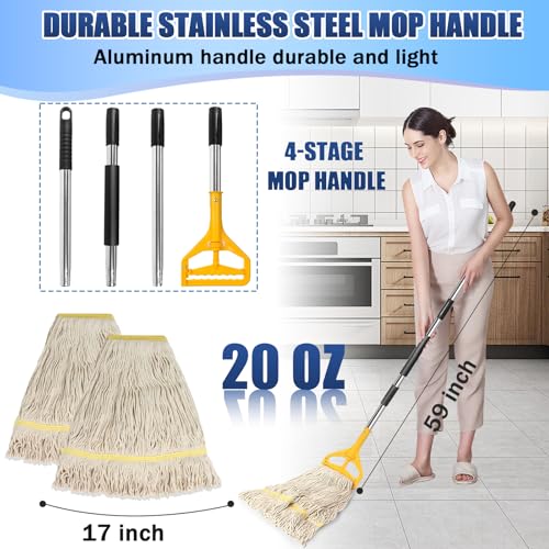 2 Pack 20ozCommercial Mop Heavy Duty Industril Cotton Mop, Cotton Commerical Industrial Grade Mop Replacements Heads for Home,mops for Floor Cleaning Heavy Duty,with 63'' Stainless Steel Mop Handle