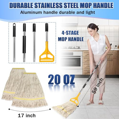 2 Pack 20ozCommercial Mop Heavy Duty Industril Cotton Mop, Cotton Commerical Industrial Grade Mop Replacements Heads for Home,mops for Floor Cleaning Heavy Duty,with 63'' Stainless Steel Mop Handle