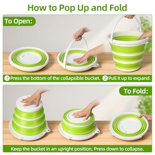 Collapsible Bucket with Handle, Space Saving Silicone Mop Bucket, Portable Foldable Cleaning Bucket for Home, Camping, Car Wash, Laundry, Kitchen & Outdoor Use (Green)
