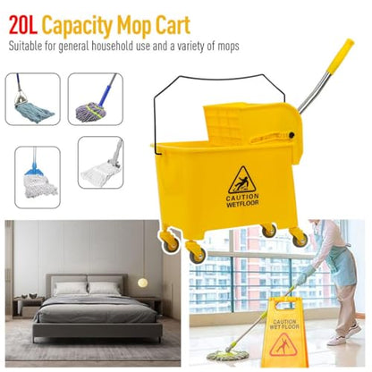 Commercial Mop Bucket with Wheels 20L Gallon, Side Press Wringer Combo Mop Bucket, Combo Cart Set for Restaurant Home Floor Cleaning Use