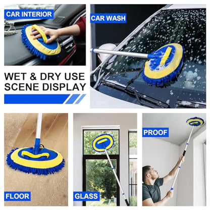 Ordenado 62" Car Wash Brush Kit Mitt Mop Sponge with Long Handle Chenille Microfiber Car Cleaning Brush Kit Supplies Car Washing Mop Kit Car Care Kit of Scratch-Free Replacement Head for Car RV Truck - color: B-blue