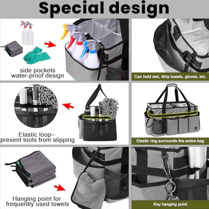 Extra large Cleaning Caddy Bag Built-in Sturdy Support Board, Cleaning Organizer with Detachable Divider, Cleaning Supply Tote with Adjustable Shoulder Strap (Grey, 19'' x 11'' x 11'') - color: Grey