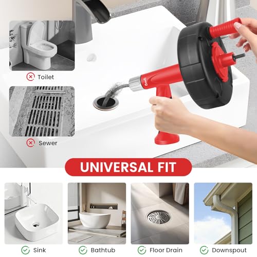 XJX Drain Auger, Plumbing Snake with Drill Adapter, 25FT Flexible Steel Drain Clog Remover, Manual or Powered for Kitchen, Bathroom & Shower Sink, with Gloves and Storage Bag Red - color: Red