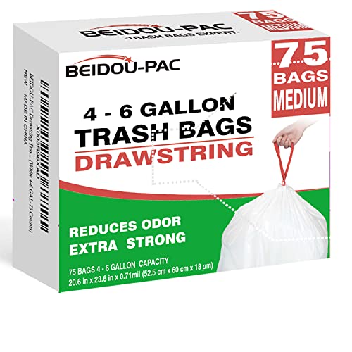 BEIDOU-PAC Trash Bags 4-6 Gallon Drawstring, 75 Count Garbage Bags, Medium Kitchen Trash Bags, Odorless & Heavy Duty White Plastic Food Scrap Bags for Bathroom Bedroom Office Waste - style: 4-6 Gallon |75 Count