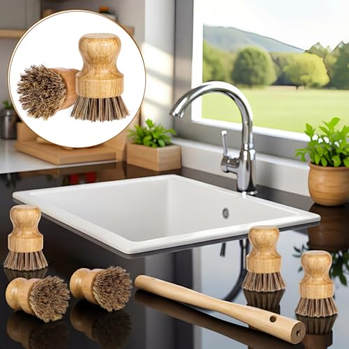 12 Packs Bamboo Dish Scrub Brush Wooden Washing Scrubbers with Sisal Bristles Kitchen Palm Pot Brush Round Mini Dish Brushes for Household Iron Pot Pan Sink Sink Vegetables Cleaning (Brown) - color: Brown