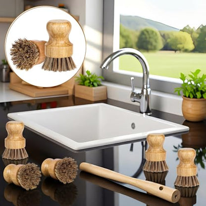 12 Packs Bamboo Dish Scrub Brush Wooden Washing Scrubbers with Sisal Bristles Kitchen Palm Pot Brush Round Mini Dish Brushes for Household Iron Pot Pan Sink Sink Vegetables Cleaning (Brown) - color: Brown