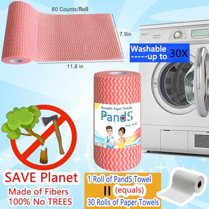 Reusable Paper Towels, 120 Full Sheets 2 Pack, Zero Waste Paperless Kitchen Cloths, Multi-Purpose Cleaning Wipes, Washable Towels - Pink - color: Pink 2 Rolls