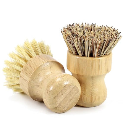 DEBETOOL 2-Pack Bamboo Dish Brush – Natural Dish Scrub Brush with Sisal & Palm Bristles for Non-Stick Pans, Pots, Vegetables, and Kitchen Cleaning