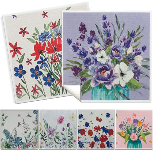 Swedish Kitchen Dish Cloths - 6 Pack Reusable Paper Towels for Counters & Dishes - Eco Friendly Cellulose Sponge Cloth (Flower) - color: L-flower
