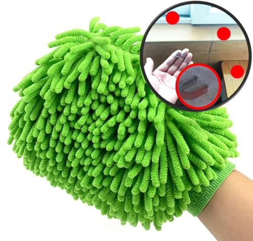 QUALIALL, Green Chenille Microfiber Dusting Mitt, 10.5x8 Inch, Electrostatic, Reusable, Scratch-Free, No-Dust Fly Duster for Sensitive Surfaces