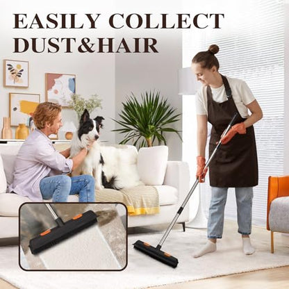 Pet Rubber Broom with 49inch Long Handle, Portable Detailing Lint Remover, Soft Push Broom for Fluff Carpet, Hardwood, Tile, Window (Black)