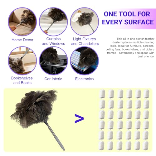 NCEDN Genuine Ostrich Feather Duster 40 Inches - Extendable Stainless Steel Handle, 8 Inches Long Thick Feathers, Telescopic Duster for Ceiling Fans, Blinds, Furniture, Car, Washable - color: Natural