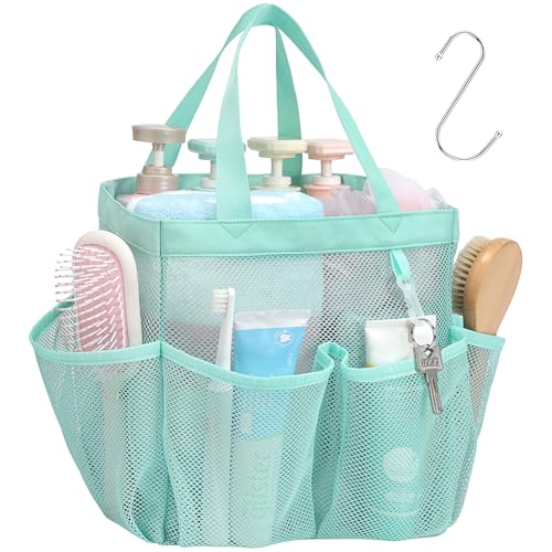 F-color Mesh Shower Caddy Portable, Upgrade Deeper 7 Pockets Shower Bag Basket Tote for College Dorm Room Toiletry Bathroom Essentials Gym Camp Quick Dry 2 handles with S Hook, Sage Green - color: Sage Green, size: L (Classic Dorm Caddy)
