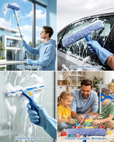 Window Cleaning Kit with Storage Bucket, Squeegee Cleaner Tool with Extension Pole, Glass Cleaning Tools Set with Spray Bottle, Brush, Scrubber, Gap Brush & Gloves for Window Shower Mirror Car