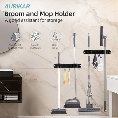 Broom Holder Wall Mount, 2-Pack Stainless Steel Mop and Broom Organizer, Broom Hanger with 2 Slots 2 Hooks for Home Kitchen, Garage, Garden and Laundry Room, Black - color: Black-2 Pack