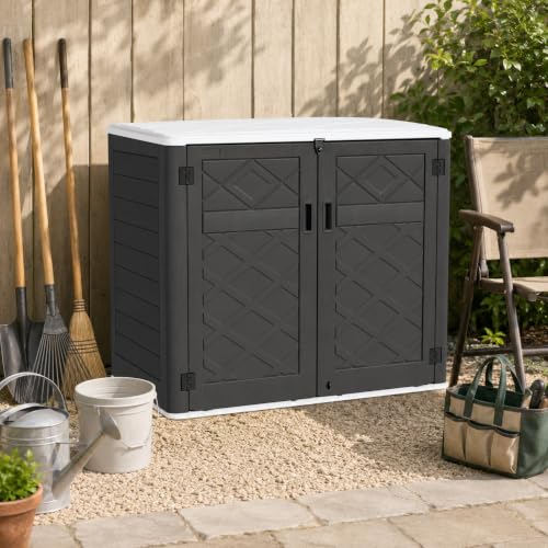 ADDOK 38 Cu.Ft Outdoor Storage Shed with Floor,Large Waterproof Resin Storage Cabinet with Lift-Up Lid,Double Doors and Lockable Design for Lawn Mower,Garden Tools, Patio,Backyard and Pool Supplies - size: Black 38 Cu.Ft