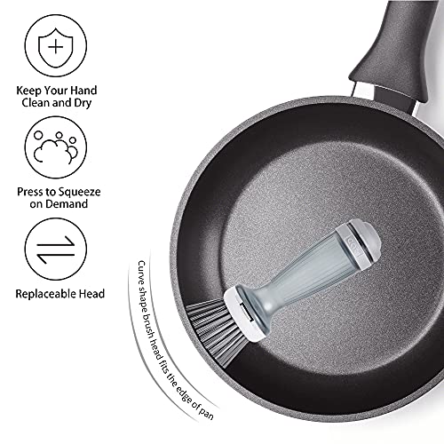 CQT Dish Brush with Soap Dispenser – One-Press Suds, Built-in Scrubbing Pad, Non-Slip Handle for Pots, Pans & Non-Stick Cookware – Includes 2 Refill Heads - color: Gray