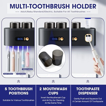 Toothbrush Sterilizer Holders,Smart Drying and Cleaning Wall Mounted Holder with Automatic Toothpaste Dispenser, 5 Brush Slots 2 Cups for Bathroom (Gray) - color: Gray