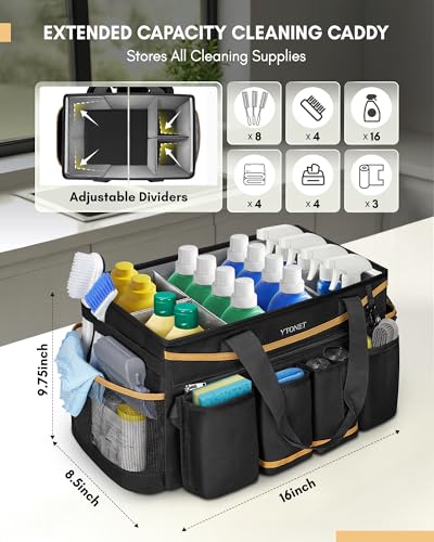 Ytonet Cleaning Caddy Bag with Detachable Apron, Extra Large Cleaning Supplies Organizer with Foldable Dividers, Portable Cleaner Tote with Handle, Cleaner Caddy for Housekeeper, Detailing Bag, Black - color: Black