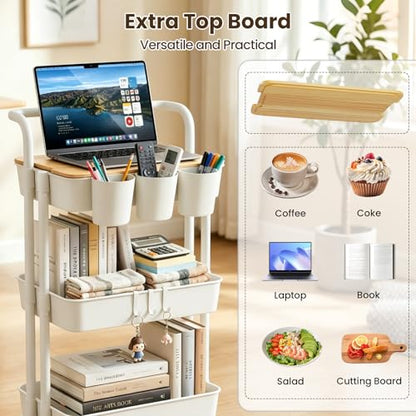 3 Tier Rolling Cart with Table Top, Utility Cart with Lockable Wheels, Hooks & Cup Holders, Multifunctional Rolling Storage Cart for Kitchen, Bathroom, Office, Bedroom, Craft, Living Room (White) - color: White
