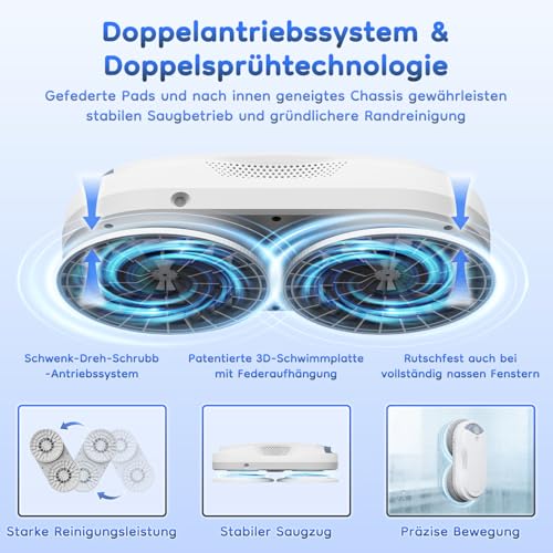 Obito X3 Window Cleaning Robot, Dual Nozzles with Ultrasonic Spray, 5.0 AI Path Planning, Max 3200Pa & Steady-Climbing System, Automatic Edge Detection, Robot Window Cleaner Inside/Outside, White - color: White