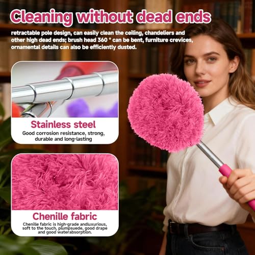 Extendable Microfiber Duster, Telescoping Dusting Brush for Home and Car Cleaning, Adjustable Length, Soft and Flexible - color: Round Rose Red