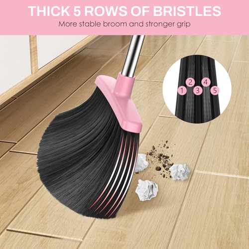 Broom and Dustpan Set for Home, 51-in Long Adjustable Handle Angle Broom and Dustpan Combo Set with Dust Pan Teeth to Clean Hair for Home Kitchen Office Lobby Floor Garden, Pink - color: Pink