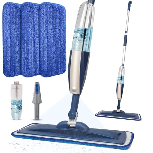 Wet Spray Mop for Floor Cleaning with 14 oz Bottle & 3 Microfiber Pads | Refillable bottle, washable pads, dry/wet use for home or commercial cleaning on hardwood, laminate, wood & ceramic floors - color: 03-blue