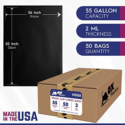 55 Gallon Trash Can Liners Bags - (50 Count) Capacity & 2mil Thick Extra Heavy Duty Strength - Large Garbage, Leak-Proof & Durable, House & Commercial Use Bags Black - color: Black 2mil, size: 1 Count (Pack of 50)
