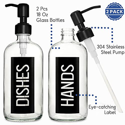 JASAI 2Pack 18OZ Glass Soap Dispenser, Black Stainless Steel Pump, Kitchen Dispenser with Classy Label, Refillable for Dishes - color: Black With Black Pump