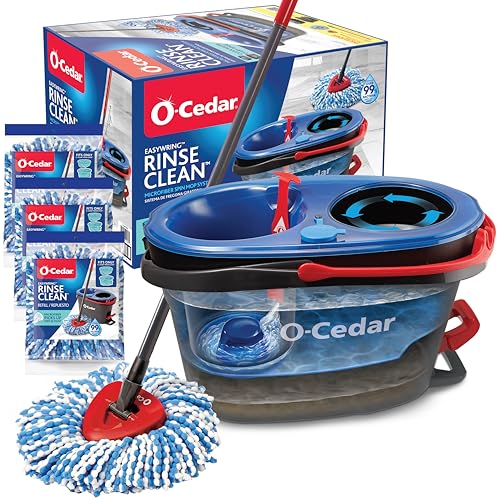 O-Cedar EasyWring RinseClean Microfiber Spin Mop & Bucket Floor Cleaning System with 3 Extra Refills, Plastic, Grey - color: Rinseclean Spin Mop & Bucket + 3 Extra Refills
