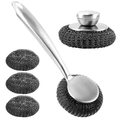 5Pcs Stainless Steel Wool Scrubber Sets, with Long & Short Handle & 3Pcs Detachable Pads, Metal Pot Scrubbers for Cleaning Dishes Iron Pots Stoves